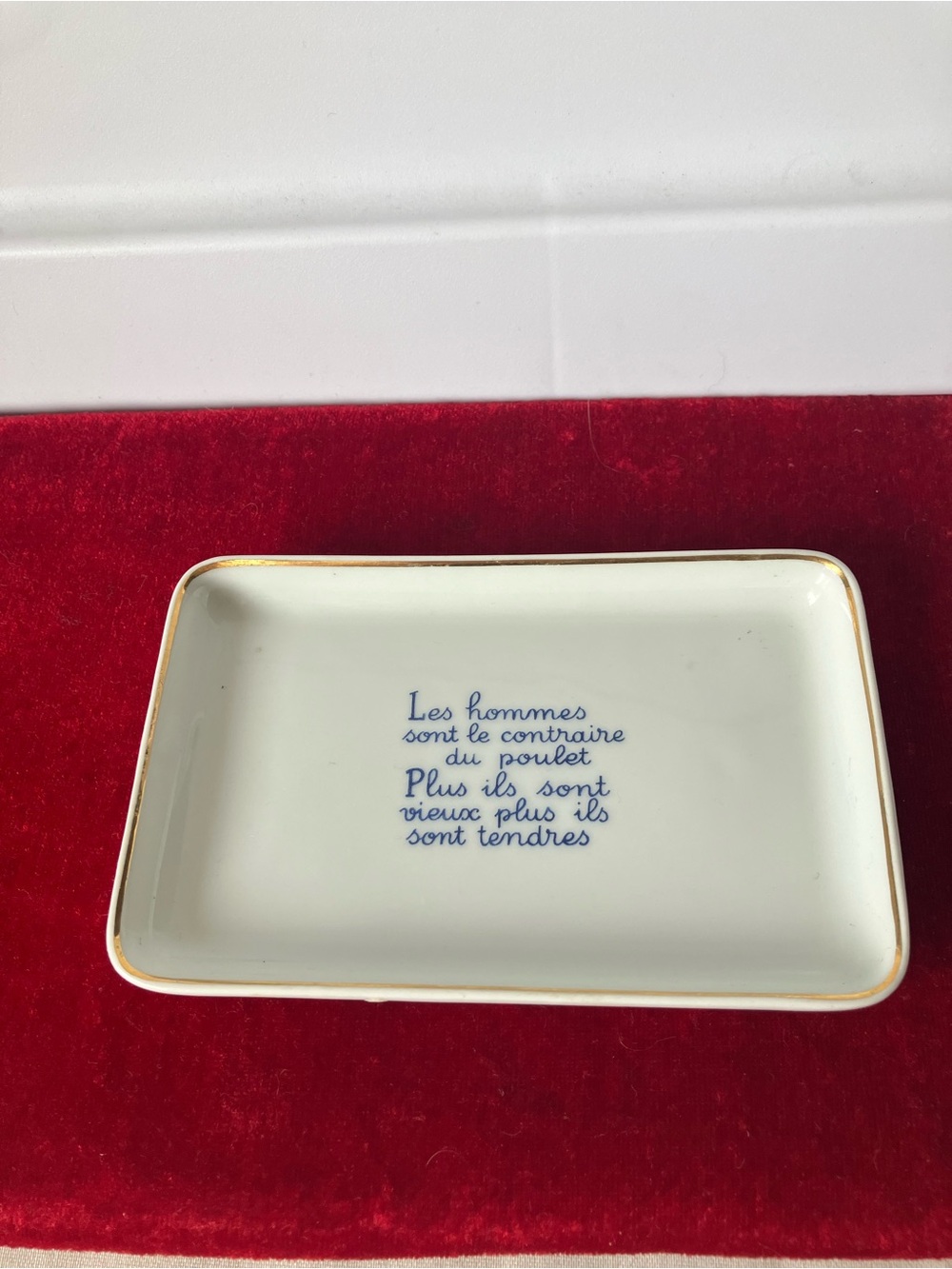 Vintage Limoges Porcelain Trinket Dish Charming French Quote White Gold Rim.
